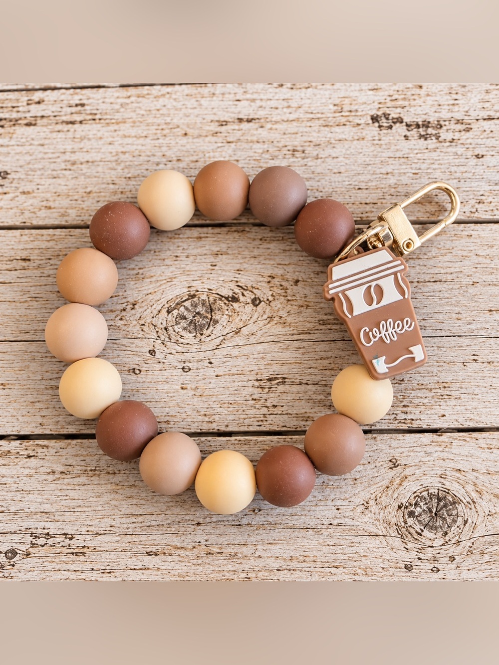 Beaded Wristlet Keychain with Coffee Cup Charm - Brown & Cream